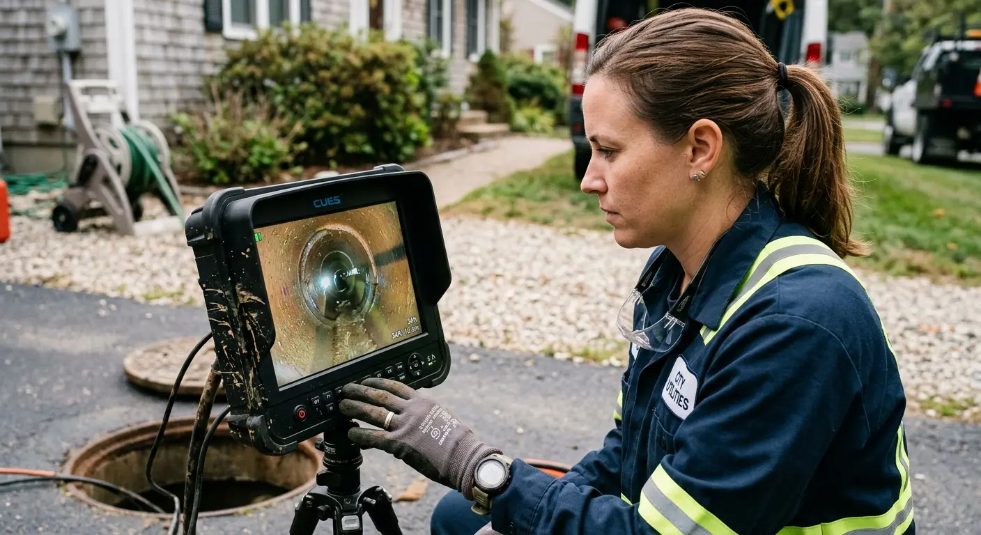 Technician reviewing sewer camera inspection footage in Orange Beach