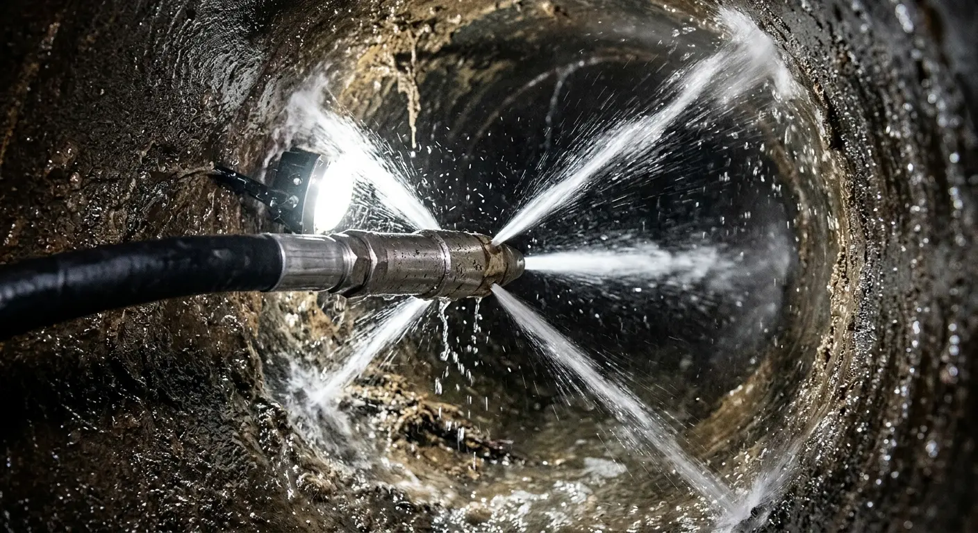 High-pressure hydro jetting nozzle cleaning sewer pipe for Sewer Cleanout in Orange Beach