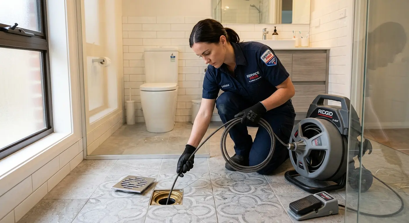 Technician clearing a bathroom floor drain for Hydro Jetting in Orange Beach